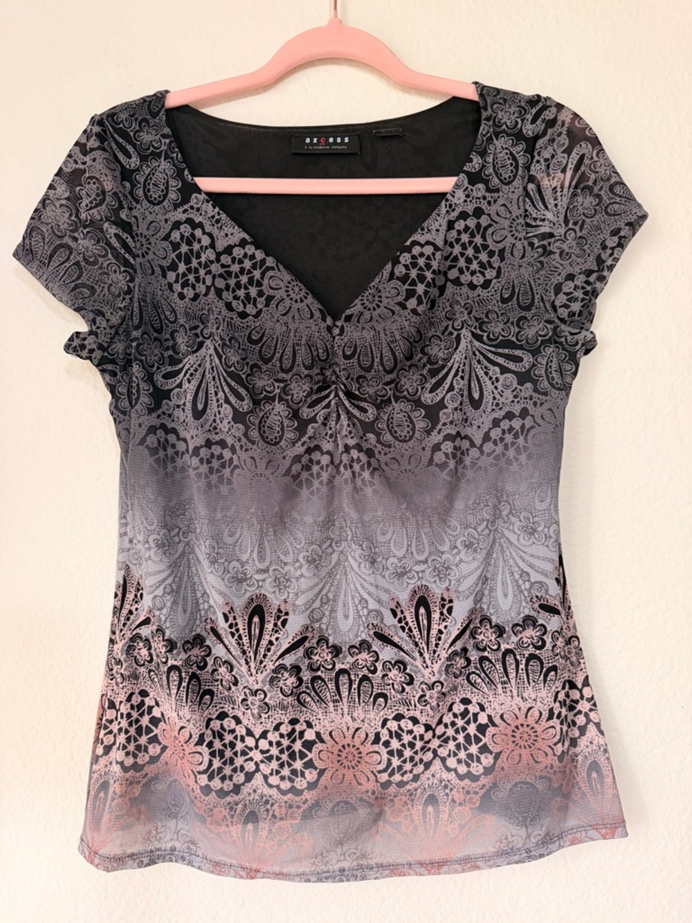 Whimsigoth Grunge Black Grey Lace Print Top Y2K Fairy Rocker Ombre Blouse